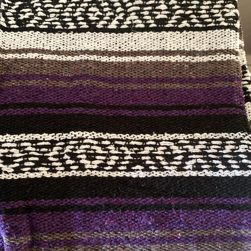 Blanket , purple, grey , black , white measurements 72” by 48”